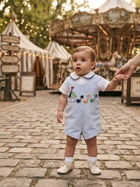 Vintage Circus Tent Elephant Appliqué Seersucker Boy Shortall Set Size 12M